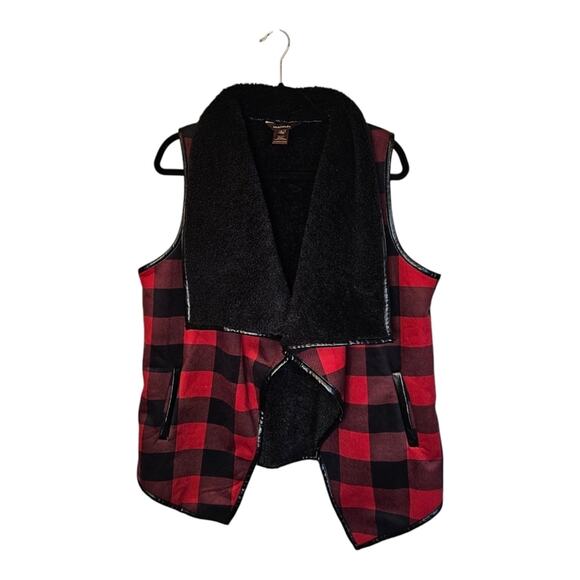 Multiples Size L Buffalo Plaid Vest w/ Faux Leather Trim - Picture 1 of 5